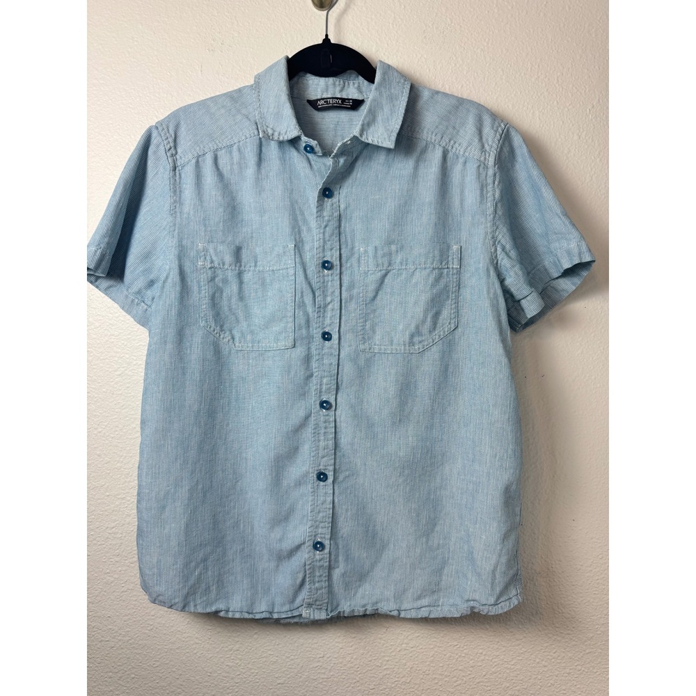 Arcteryx Mens Medium Blue White Striped Linen Cotton Short Sleeve Button Down